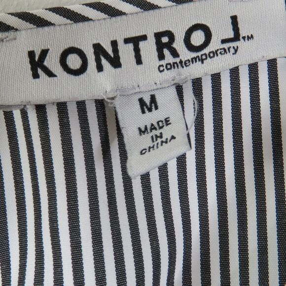 Kontrol Contemporary Gray & White Ruffle Sleeve Striped Blouse Medium Preppy - Picture 4 of 6
